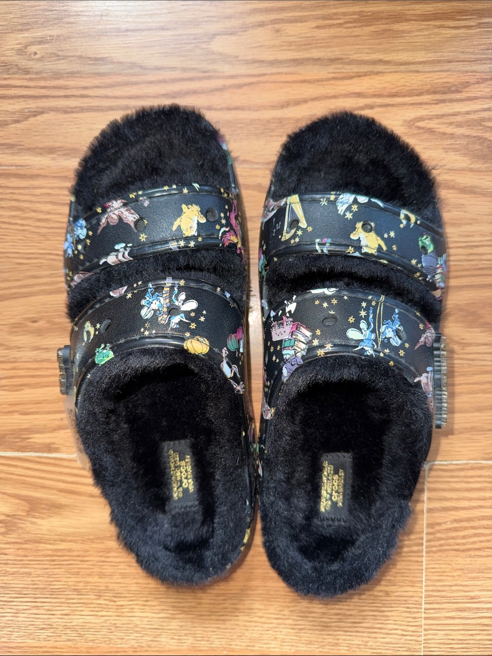 CROCS Black Fuzzy Lined Clog Slides with Colorful Print